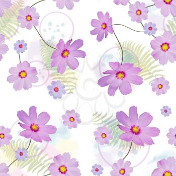seamless floral pattern with cosmos flowers and leaves