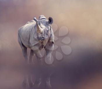 black rhinoceros potrait with reflection