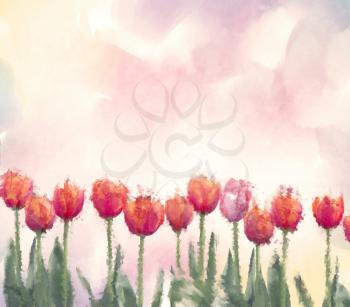 Watercolor digital painting of tulip flowers. Digital illustration.