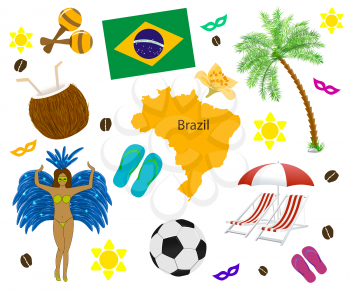 Brazil symbol, map and flag over white. Vector illustration