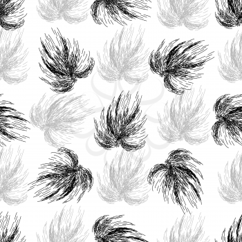 Hand drawn seamless black and white background. Vector illustration with flying feathers