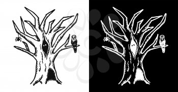 Hand drawn doodle Halloween tree. Black pen objects drawing. Design illustration for poster, flyer over white background.
