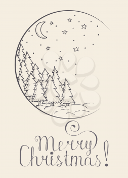 Christmas and New Year Vector greeting card with Christmas trees, moon and stars