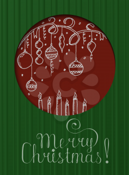 Christmas and New Year Vector greeting card with Christmas decorations, candles and ribbons