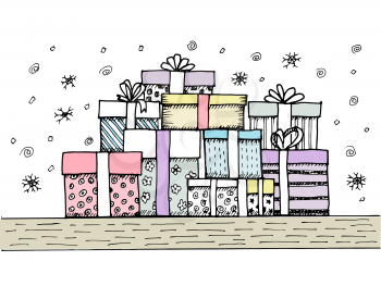 Hand - drawn pile of Christmas gifts on white background. Doodle