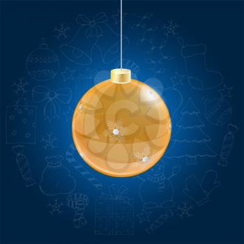 Orange christmas ball on blue background with doodle hand drawn icons. vector illustration