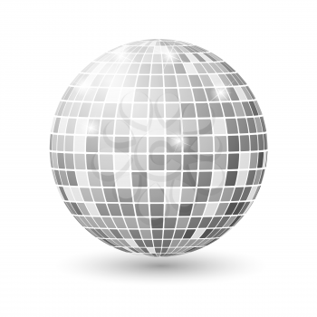 Disco ball isolated illustration. Night Club party light element. Bright mirror silver ball design vector template.