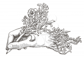 drawing hand with a flowering pencil over white