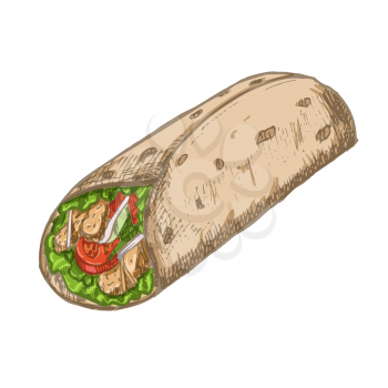 Vector vintage burrito drawing. Hand drawn fast food illustration. Great for menu, poster or label.