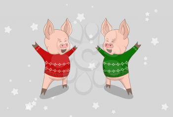 Vector Christmas illustration, Happy New Year 2019 funny card design with cartoon pig