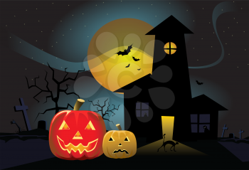 Royalty Free Clipart Image of a Haunted House With a Full Moon and Jack-o-Lanterns
