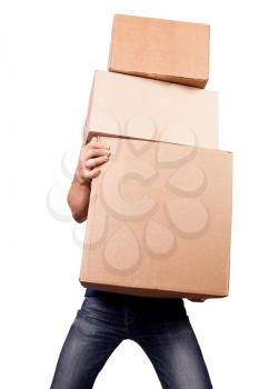 Man holding heavy card boxes, isolated on white 