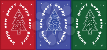 Royalty Free Clipart Image of Three Christmas Trees and a Happy New Year Greeting