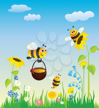 Royalty Free Clipart Image of Bees in a Meadow