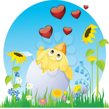 Royalty Free Clipart Image of a Chick With Hearts in Flowers