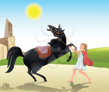 Man tames the horse - color illustration