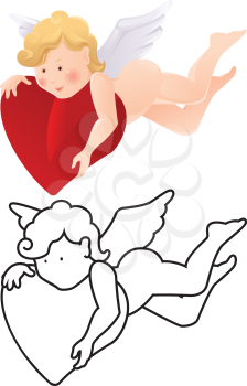 Cartoon angel - isolated funny color cupid with heart. 
Color and outline Valentine's day or wedding illustrations