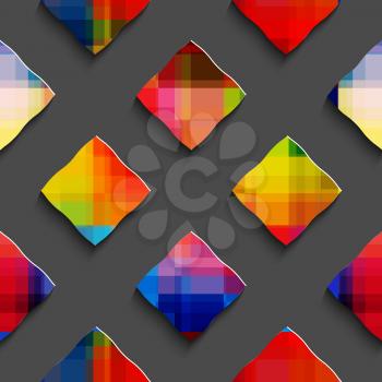 Abstract 3d geometrical seamless background. Rainbow colored rectangles on gray with cut out of paper effect.
