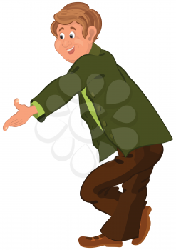 Illustration of cartoon male character isolated on white. Happy cartoon man standing in green jacket pointing.





