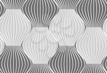 Seamless geometric background. Modern monochrome 3D texture. Pattern with realistic shadow and cut out of paper effect.3D shades of gray vertical striped waves.