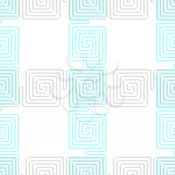 Seamless geometric background. Pattern with realistic shadow and cut out of paper effect.3D white spiral squares with blue crossing.