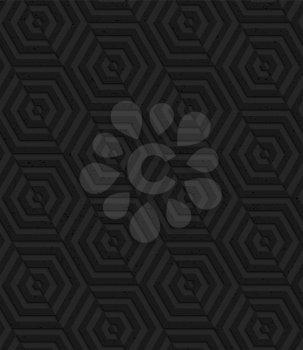 Seamless geometric background. Pattern with 3D texture and realistic shadow.Textured black plastic diagonally cut hexagons.