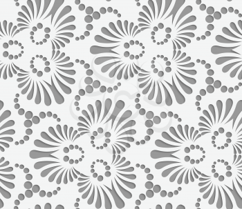 Perforated flourish tear drops trefoils and dots.Seamless geometric background. Modern monochrome 3D texture. Pattern with realistic shadow and cut out of paper effect.