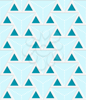 Colored 3D blue striped triangles with grid.Seamless geometric background. Modern 3D texture. Pattern with realistic shadow and cut out of paper effect.