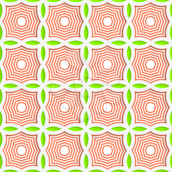 Colored 3D green and orange striped pointy squares.Seamless geometric background. Modern 3D texture. Pattern with realistic shadow and cut out of paper effect.