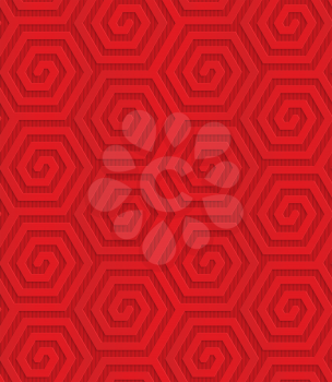 Red diagonal hexagonal spirals.Seamless geometric background. 3D layered and textured pattern with realistic shadow and cut out effect.