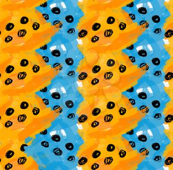 Artistic color brushed blue orange texture with black dots.Hand drawn with ink and marker brush seamless background.Abstract color splush and scribble design.