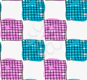Artistic color brushed purple and blue squares black checkered.Hand drawn with ink and marker brush seamless background.Abstract color splush and scribble design.