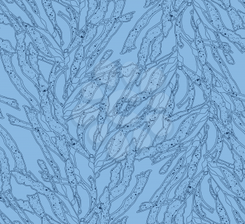 Kelp seaweed blue with blue texture.Hand drawn with ink seamless background.Modern hipster style design.