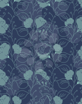 Fabric design flower blue and green.Hand drawn with ink seamless background.Floral textile pattern.