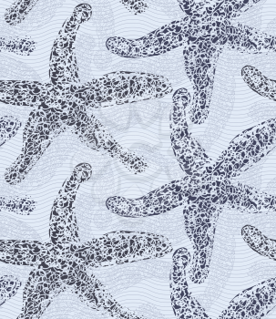 Starfish layered blue.Sea life scribbled pattern.Hand drawn with ink seamless background.Modern hipster style design.