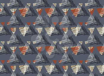 Striped triangles on gray.Hand drawn with ink seamless background.Creative handmade repainting design for fabric or textile.Geometric pattern with triangles.Vintage retro colors
