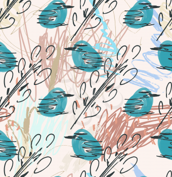 Rough sketched blue birds and tree branches.Hand drawn with ink and marker brush seamless background.Ethnic design.
