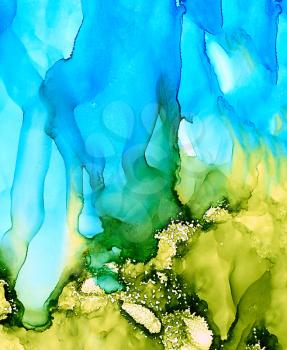 Abstract blue green underwater splashes.Colorful background hand drawn with bright inks and watercolor paints. Color splashes and splatters create uneven artistic modern design.
