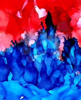Abstract blue splashes on red.Colorful background hand drawn with bright inks and watercolor paints. Color splashes and splatters create uneven artistic modern design.