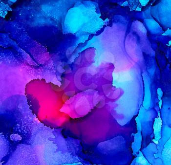 Abstract bright blue over hot pink.Colorful background hand drawn with bright inks and watercolor paints. Color splashes and splatters create uneven artistic modern design.