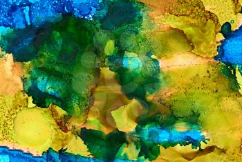 Abstract bright blue yellow mustard with texture.Colorful background hand drawn with bright inks and watercolor paints. Color splashes and splatters create uneven artistic modern design.