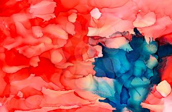 Abstract bright red with blue spot.Colorful background hand drawn with bright inks and watercolor paints. Color splashes and splatters create uneven artistic modern design.