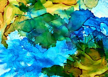 Abstract green and blue with texture.Colorful background hand drawn with bright inks and watercolor paints. Color splashes and splatters create uneven artistic modern design.