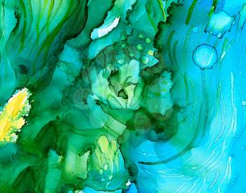 Abstract green underwater splashes.Colorful background hand drawn with bright inks and watercolor paints. Color splashes and splatters create uneven artistic modern design.