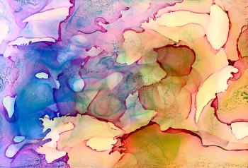 Abstract light blue purple ripples and earth green.Colorful background hand drawn with bright inks and watercolor paints. Color splashes and splatters create uneven artistic modern design.