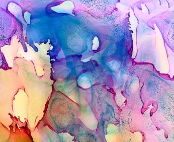 Abstract light blue purple ripples with green.Colorful background hand drawn with bright inks and watercolor paints. Color splashes and splatters create uneven artistic modern design.
