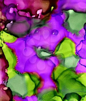 Abstract paint purple green uneven merge.Colorful background hand drawn with bright inks and watercolor paints. Color splashes and splatters create uneven artistic modern design.