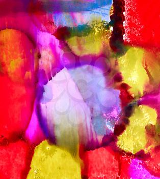 Abstract painted merging spots purple red green.Colorful background hand drawn with bright inks and watercolor paints. Color splashes and splatters create uneven artistic modern design.