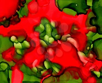 Abstract painted red flow over green texture.Colorful background hand drawn with bright inks and watercolor paints. Color splashes and splatters create uneven artistic modern design.