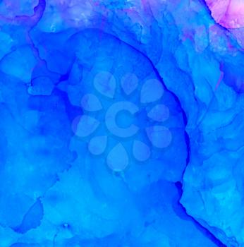 Abstract raster blue and small pink corner.Colorful background hand drawn with bright inks and watercolor paints. Color splashes and splatters create uneven artistic modern design.
